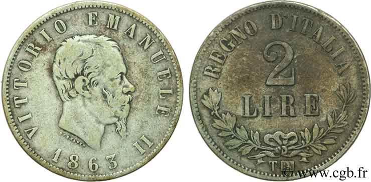 ITALIE 2 Lire Victor Emmanuel II 1863 Turin - T TTB 