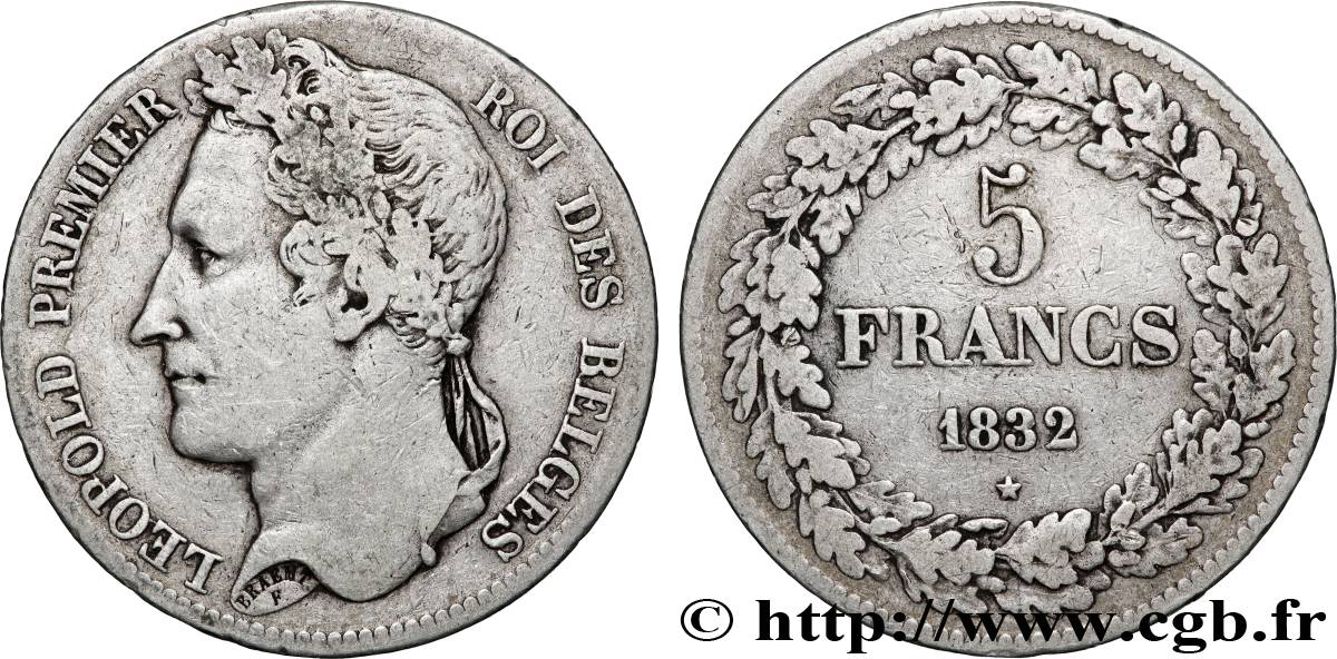 BELGIQUE - ROYAUME DE BELGIQUE - LÉOPOLD Ier 5 Francs tête laurée 1832 Bruxelles VF