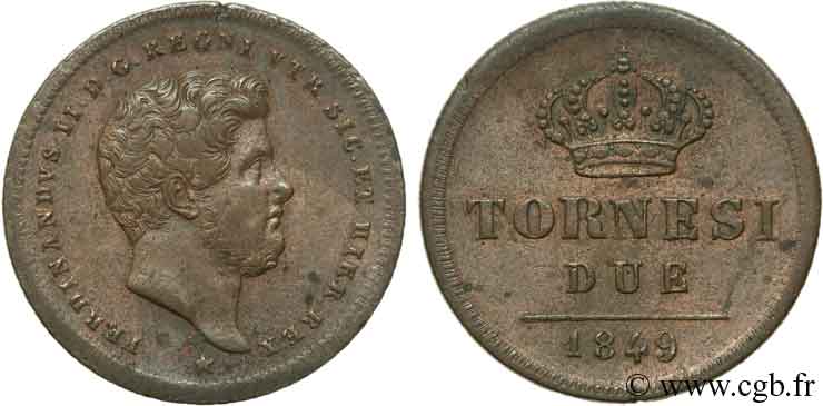 ITALIE - ROYAUME DES DEUX-SICILES 2 Tornesi Ferdinand II, roi de Naples et Sicile 1849  TTB+ 