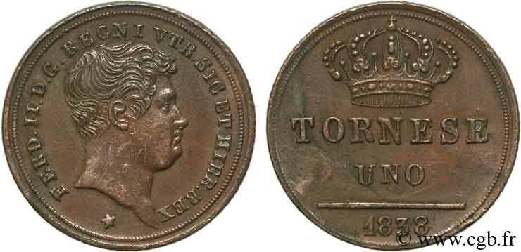 ITALIE - ROYAUME DES DEUX-SICILES 1 Tornese Ferdinand II, roi de Naples et Sicile 1838  TTB+ 