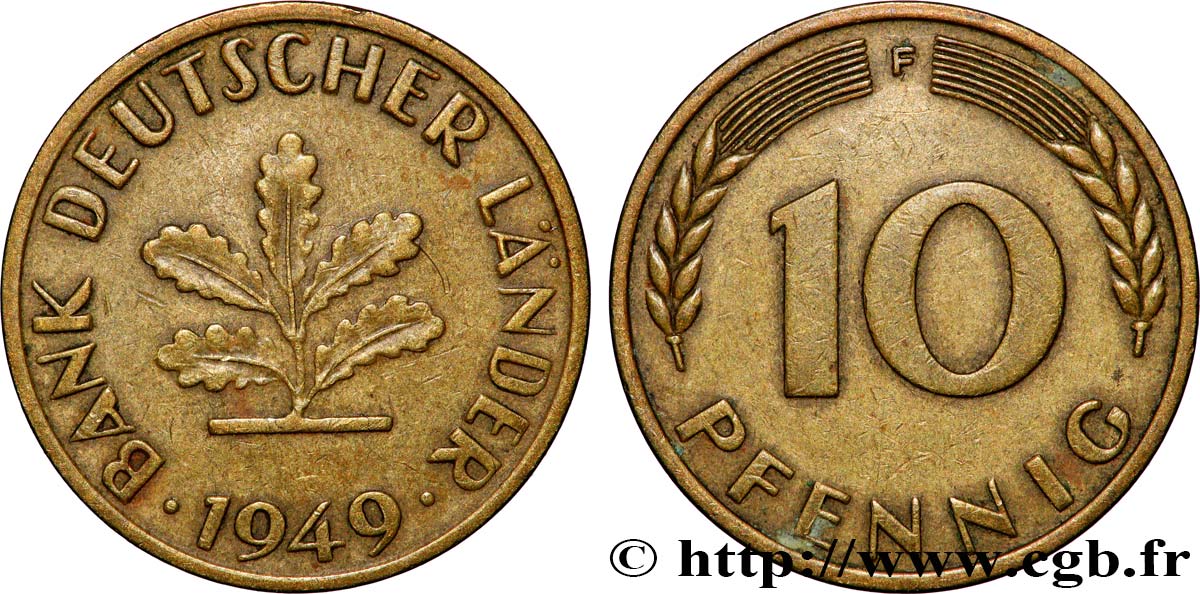 GERMANY 10 Pfennig “Bank deutscher Länder” 1949 Stuttgart - F XF