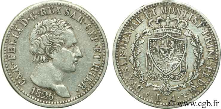 ITALIE - ROYAUME DE SARDAIGNE 1 Lire Charles Félix, roi de Sardaigne 1826 Turin TTB+ 