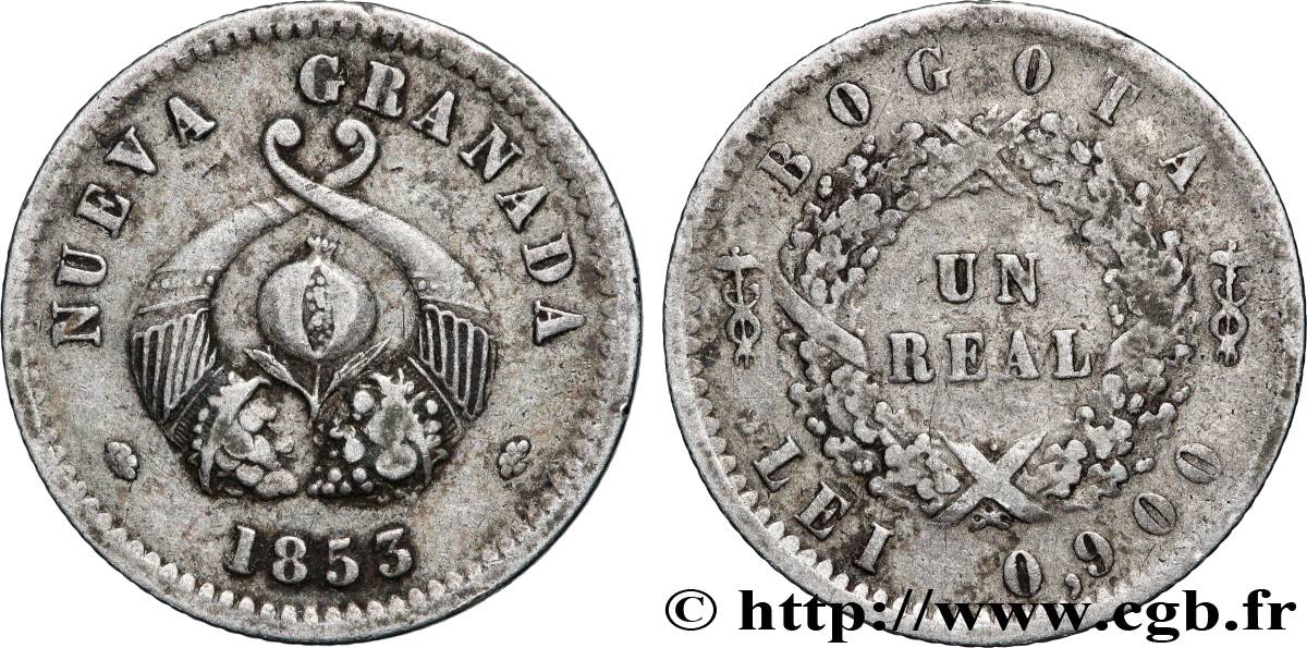 COLOMBIA 1 Real Nueva Granada 1853 Bogota (Santa Fe de Bogotá) XF