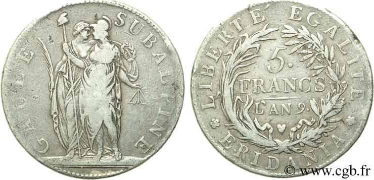 ITALIE - RÉPUBLIQUE SUBALPINE 5 Francs Gaule Subalpine 1800 an 9 Turin TB+ 