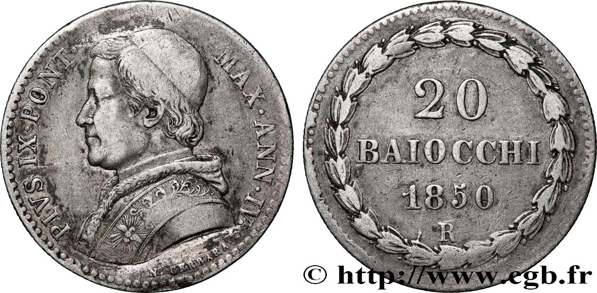 VATICAN ET ÉTATS PONTIFICAUX 20 Baiocchi Pie IX an IV 1850 Rome TTB