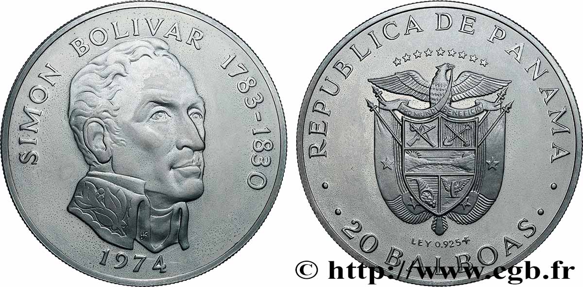PANAMA 20 Balboas Simon Bolivar 1974 fST