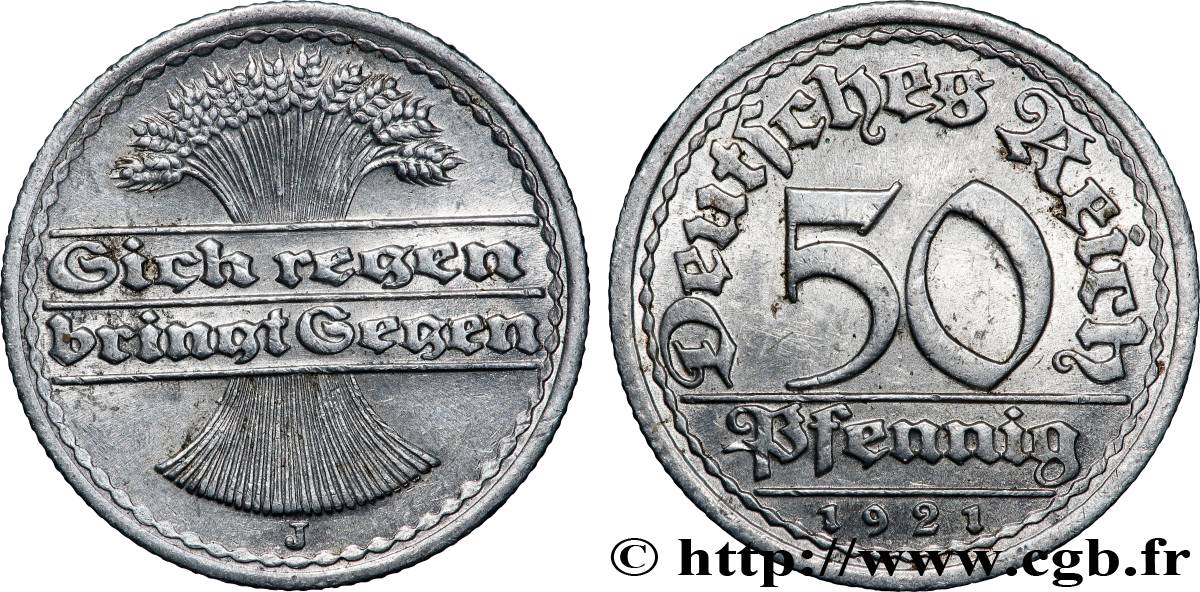 GERMANY 50 Pfennig gerbe de blé “sich regen bringt segen“ 1921 Hambourg - J AU