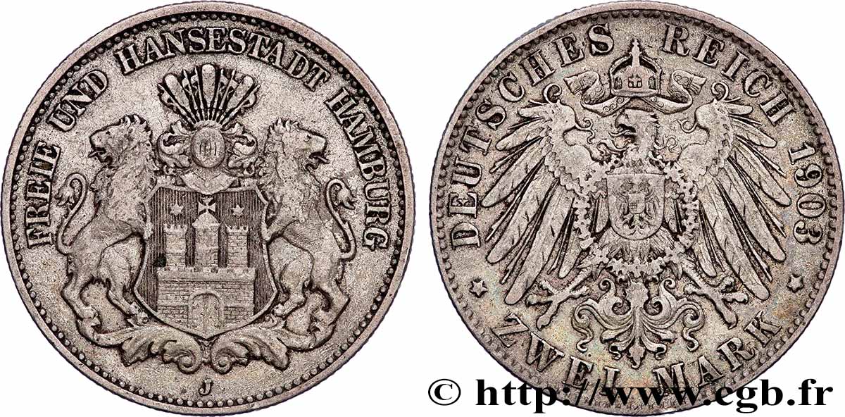 GERMANY - HAMBURG FREE CITY 2 Mark blason de Hambourg / aigle 1903 Hambourg - J XF