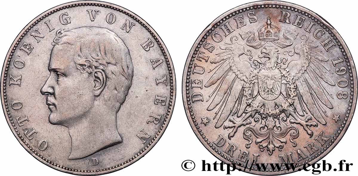 GERMANY - BAVARIA 3 Mark Otto (Othon) 1908 Munich - D XF