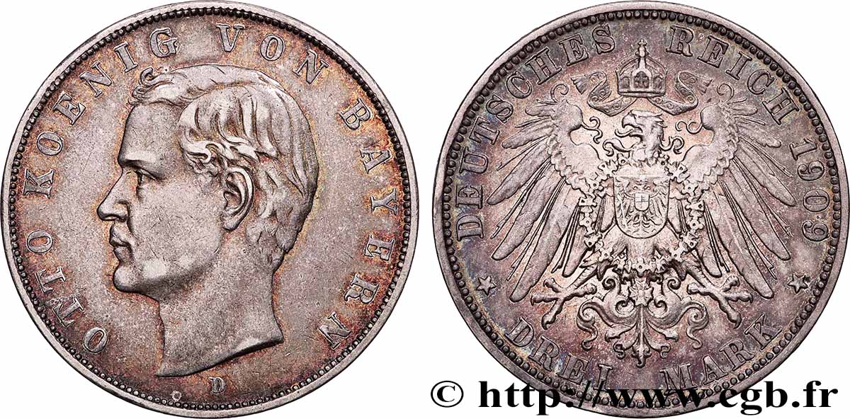GERMANY - BAVARIA 3 Mark Othon Ier 1909 Munich AU