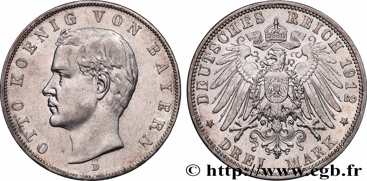 GERMANY - BAVARIA 3 Mark Othon 1912 Munich AU