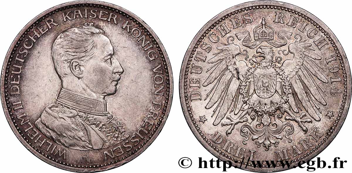 GERMANY - PRUSSIA 3 Mark Guillaume II 1914 Berlin AU