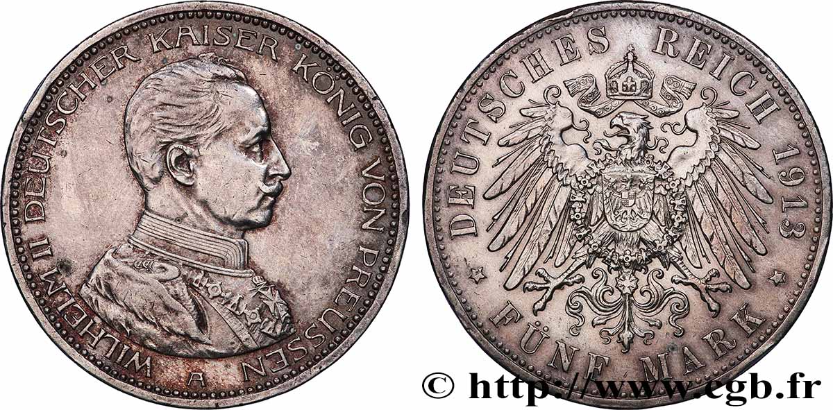 GERMANY - KINGDOM OF PRUSSIA - WILLIAM II 5 Mark 1913 Berlin AU