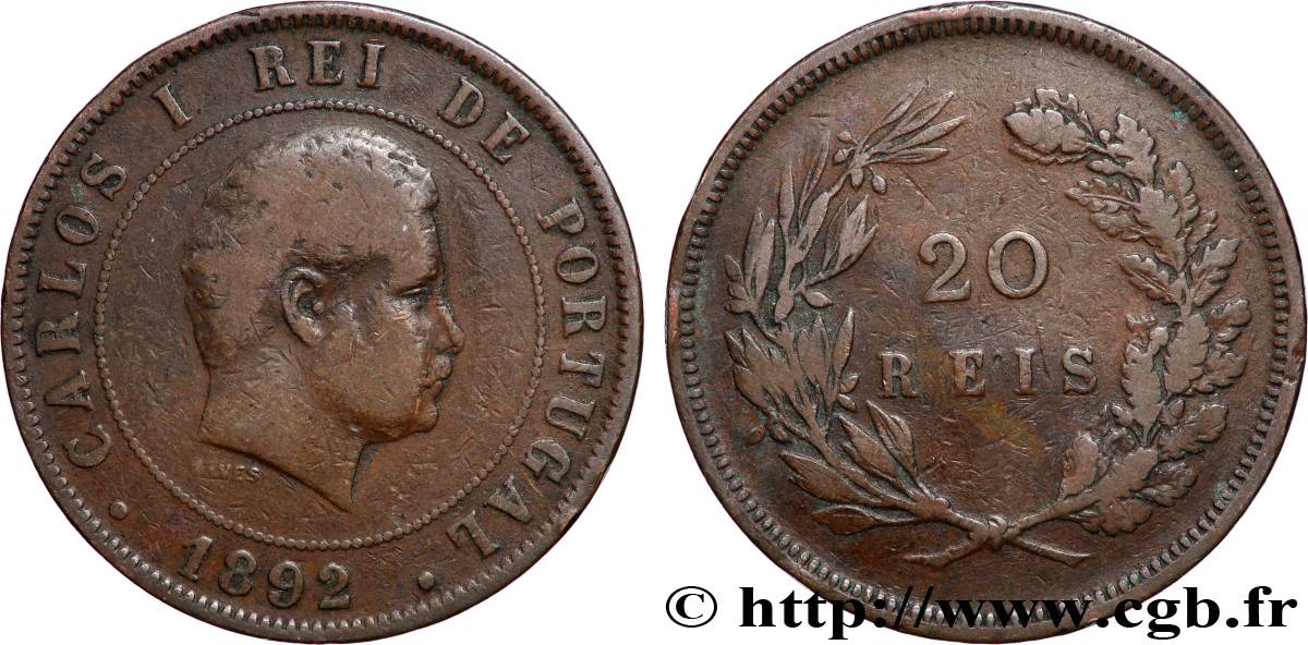 PORTUGAL - KINGDOM OF PORTUGAL - CARLOS I 20 Réis 1892 Lisbonne fSS