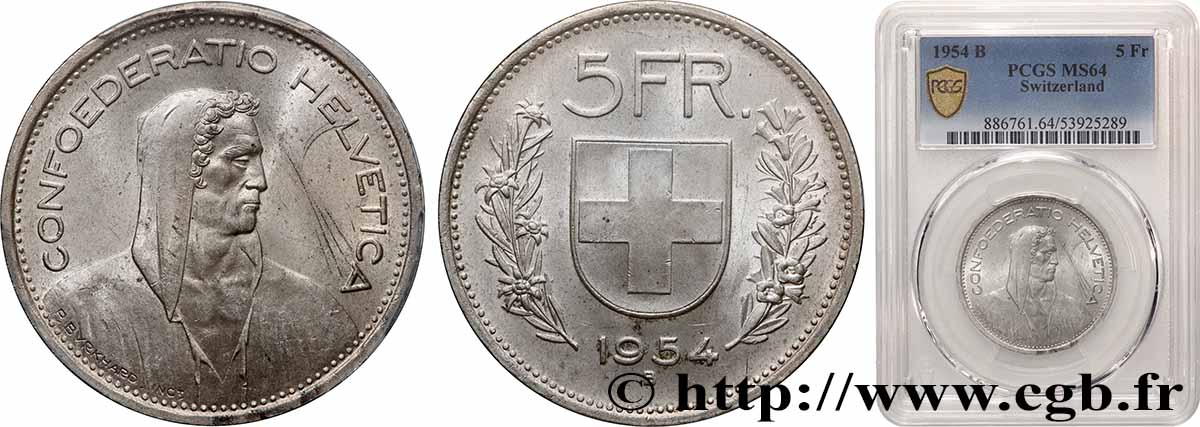 SWITZERLAND 5 Francs Berger des alpes 1954 Berne MS64 PCGS