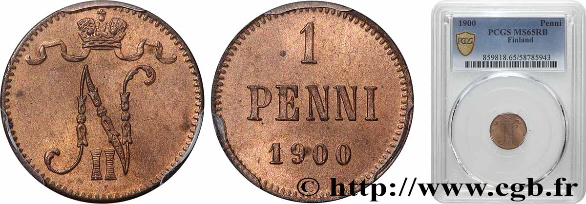 FINLAND 1 Penni Tsar Nicolas II 1900 Helsinki MS65 PCGS