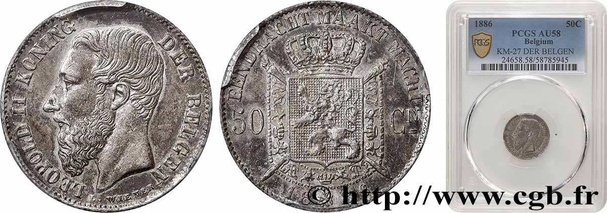 BELGIO 50 Centimes Léopold II légende flamande 1886 SPL58 PCGS