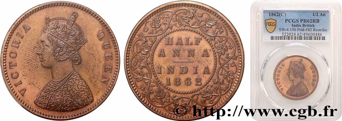INDES BRITANNIQUES 1/2 Anna Victoria Proof (Refrappe - Restrike) 1862 Calcutta SUP62 PCGS