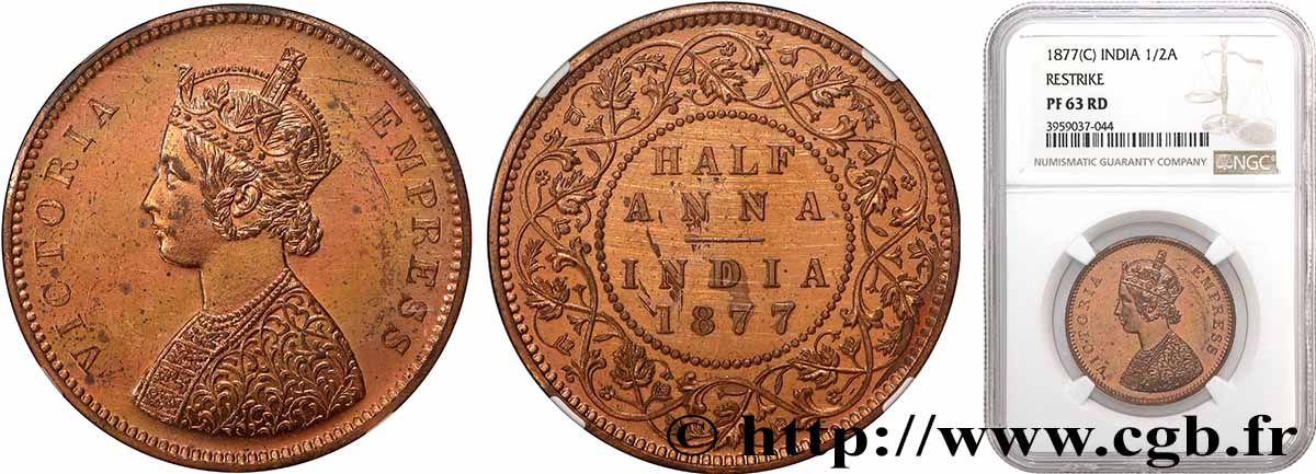 BRITISH INDIA 1/2 Anna Victoria Proof (Refrappe - Restrike) 1877 Calcutta MS63 PCGS