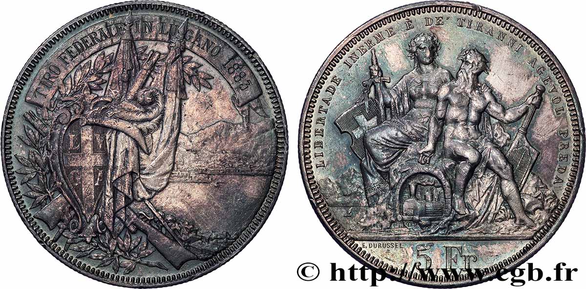 SWITZERLAND 5 Francs, concours de Tir de Lugano 1883 XF
