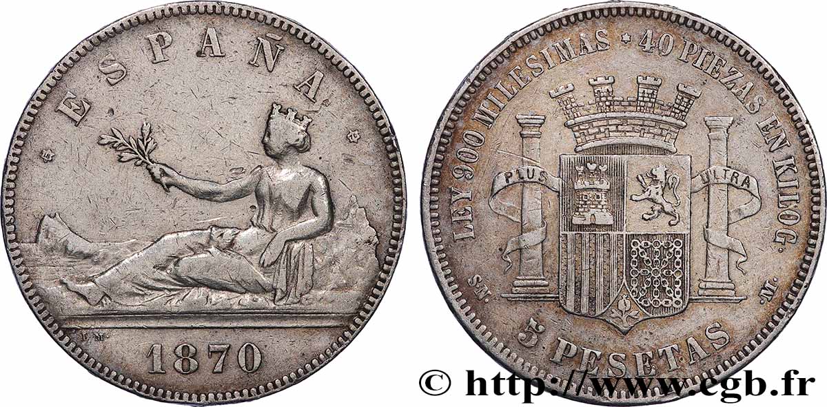 SPAIN 5 Pesetas 1870 Madrid XF