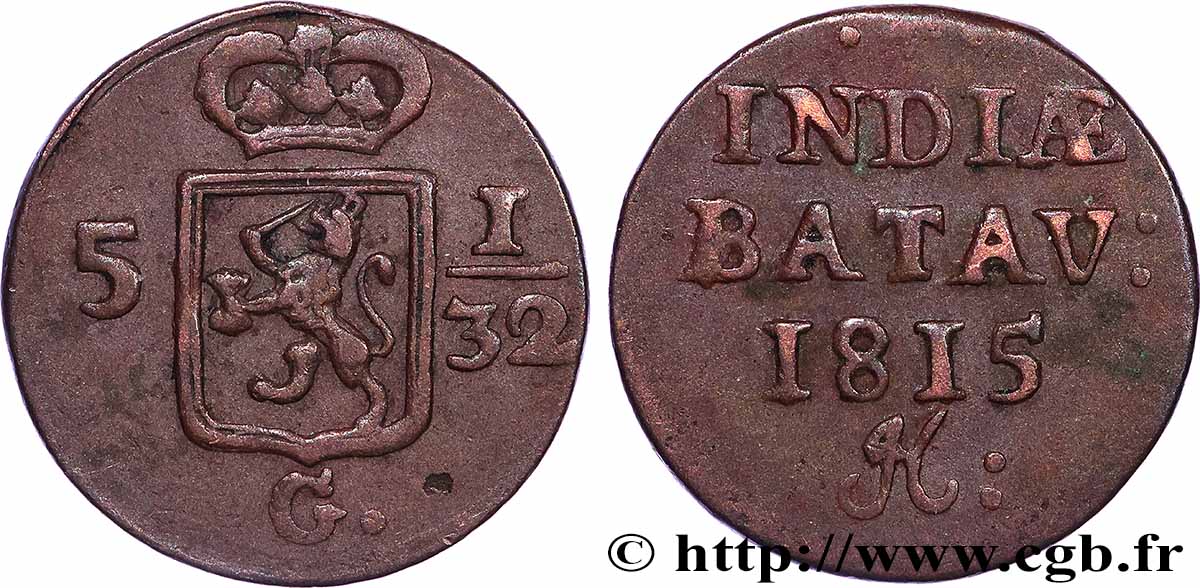 NETHERLANDS INDIES 5 1/32 Gulden (1/2 Duit) écu couronné des Pays-Bas 1815 Enkhuizen XF
