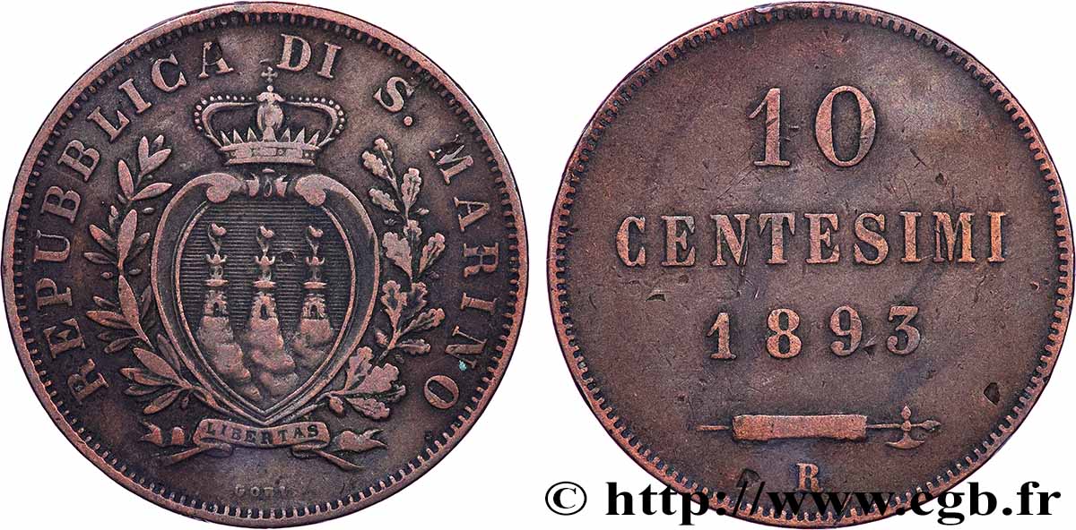 SAN MARINO 10 Centesimi 1893 Rome BB