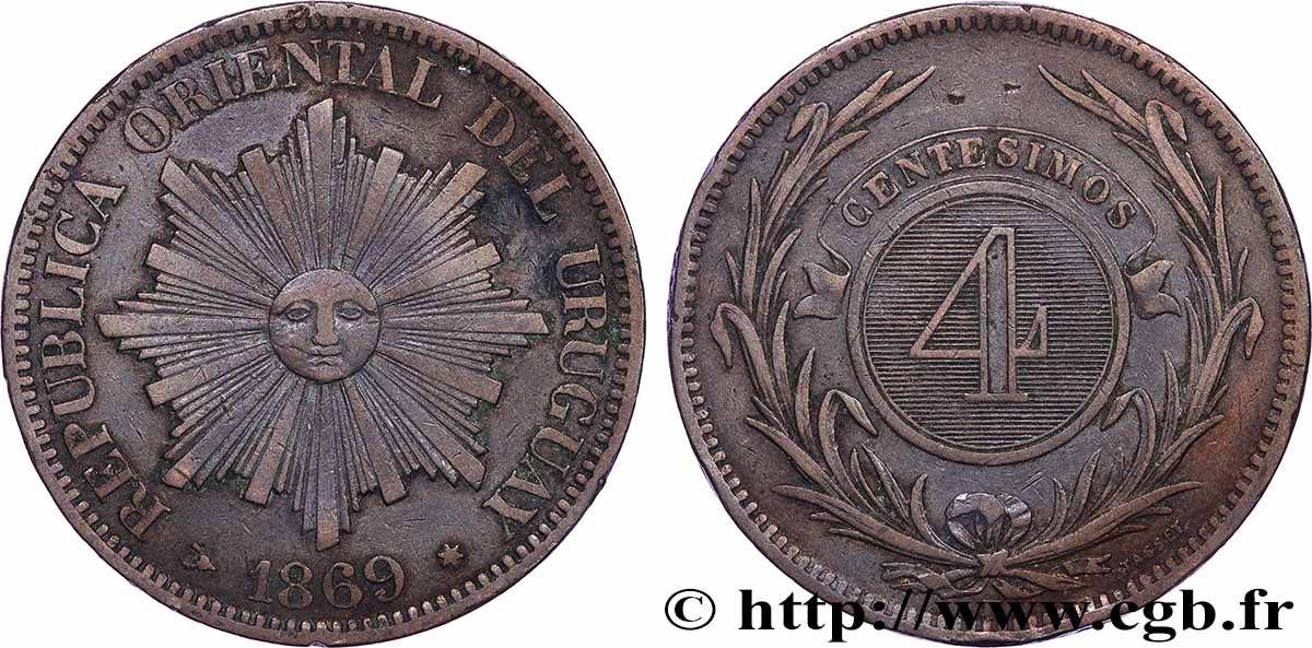 URUGUAY 4 Centesimos 1869 Paris fVZ