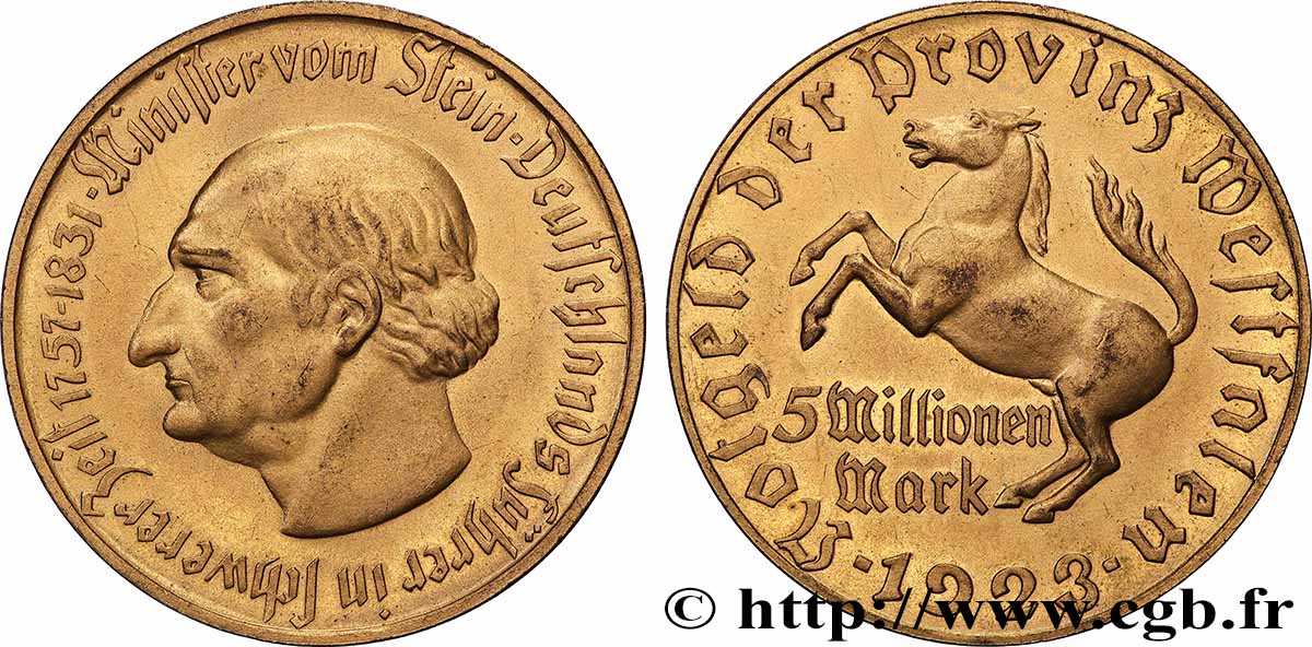 GERMANY 5 Millions Mark Westphalie von Stein 1923 Berlin AU