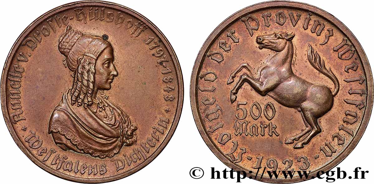 GERMANY 500 Mark Annette von Droste-Hülshoff 1923 AU