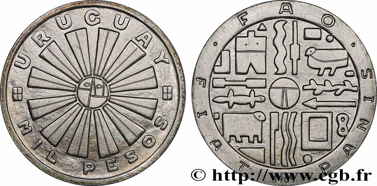 URUGUAY 1000 Pesos F.A.O. 1969 Santiago SPL