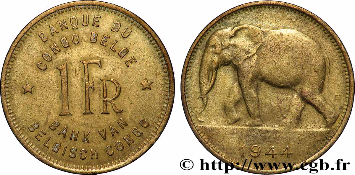 BELGISCH-KONGO 1 Franc éléphant 1944 SS