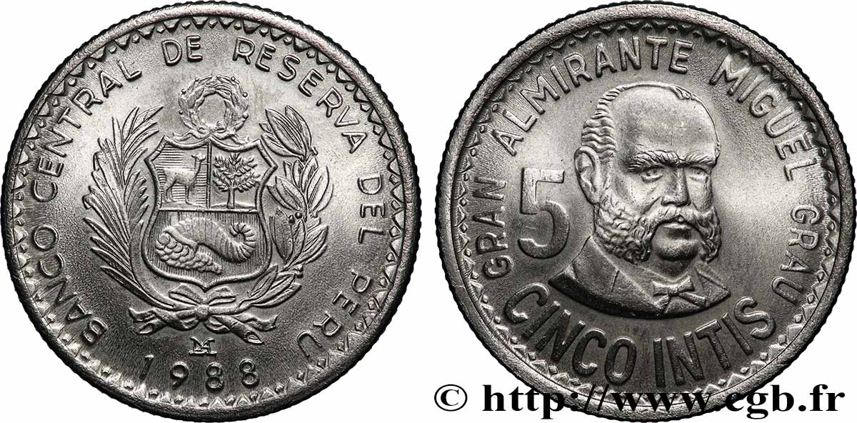 PERU 5 Intis Grand Amiral Miguel Grau 1988 Lima VZ