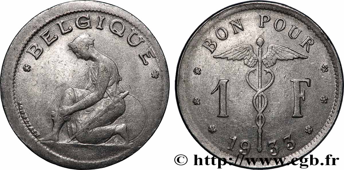 BELGIQUE 1 Franc “casquette” 1933 TTB+