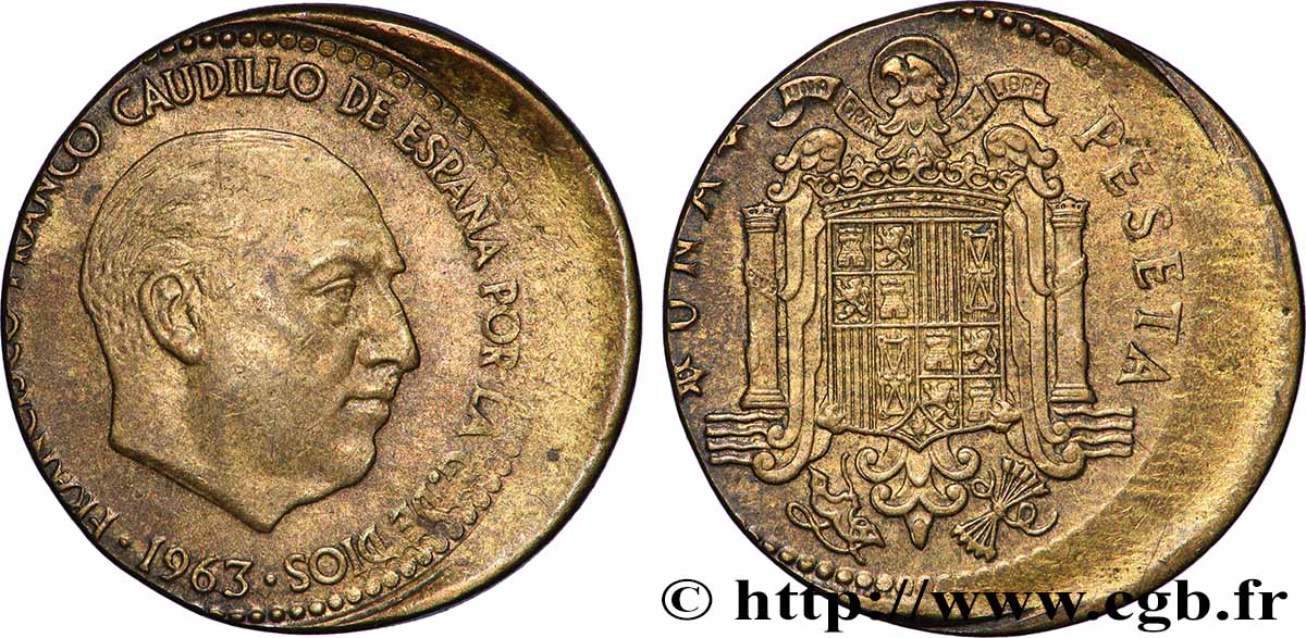 ESPAGNE 1 Peseta Francisco Franco, frappe décentrée 1963 SUP