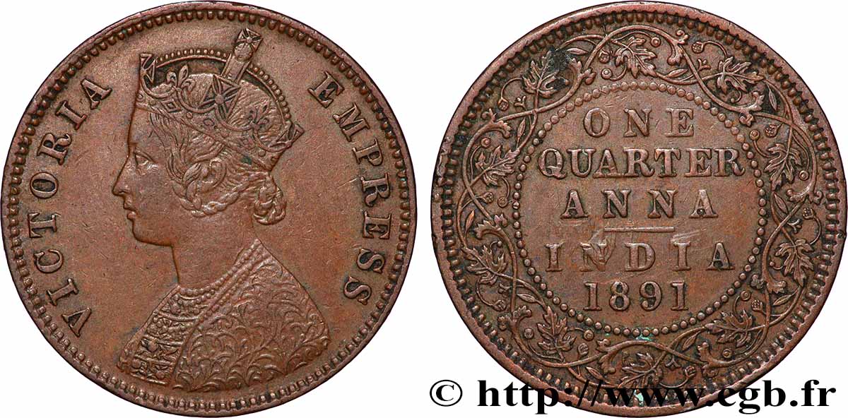 BRITISH INDIA 1/4 Anna Victoria 1891 Calcutta XF