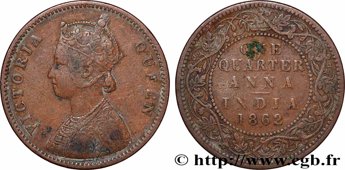 INDES BRITANNIQUES 1/4 Anna Victoria 1862 Calcutta TB+