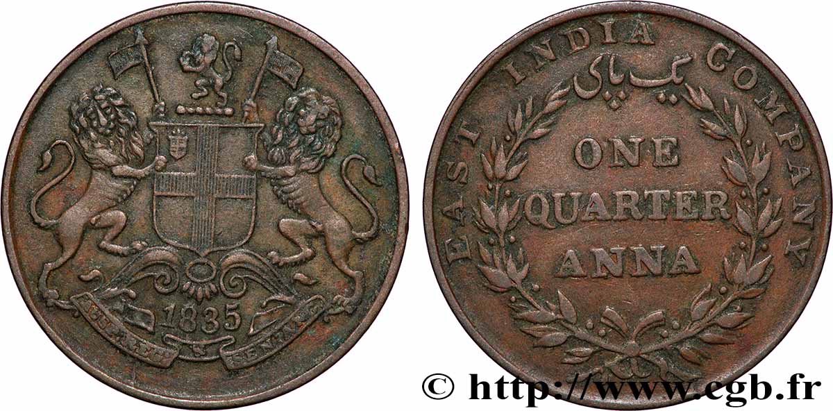 BRITISCH-INDIEN 1/4 Anna East India Company 1835 Calcutta SS