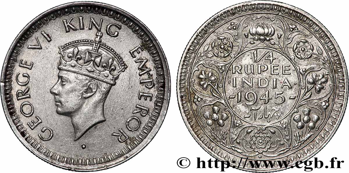 BRITISH INDIA 1/4 Rupee (Roupie) Georges VI couronné 1945 Bombay AU