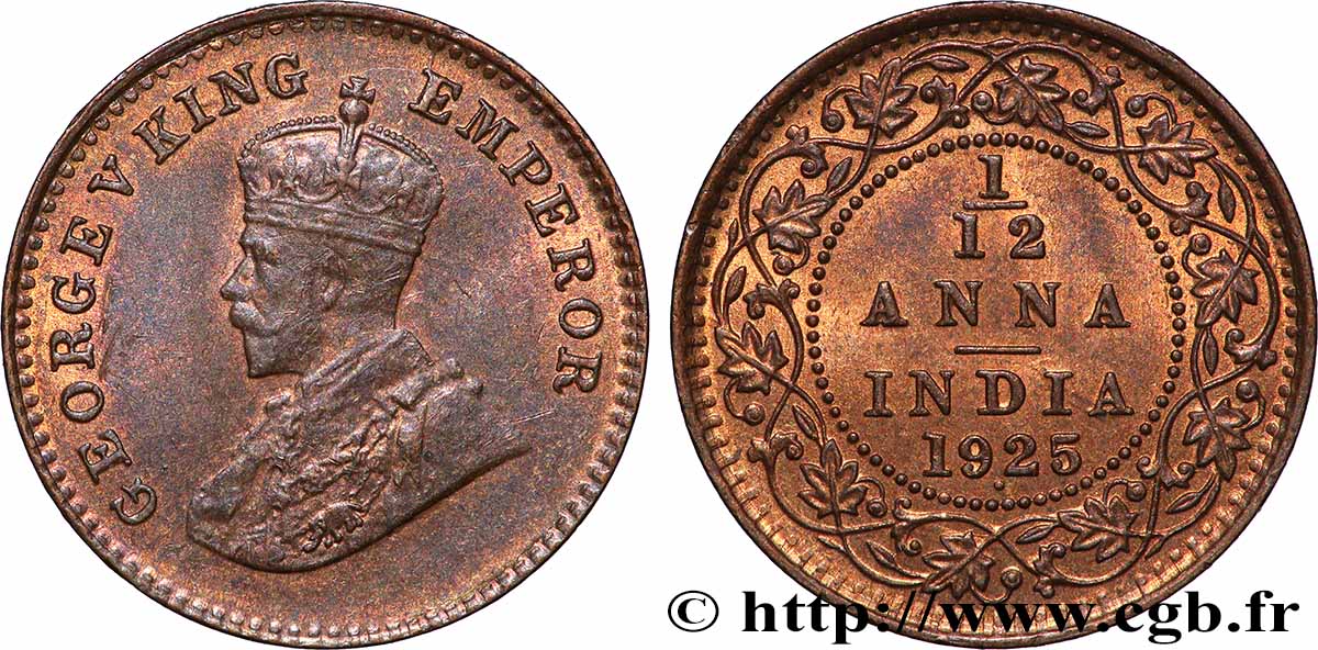 INDES BRITANNIQUES 1/12 Anna (1 Pie) Georges V 1925 Calcutta SUP