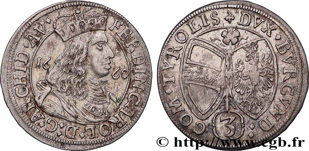 AUSTRIA - TYROL - FERDINAND-CHARLES 3 Kreuzer 1660 Hall AU