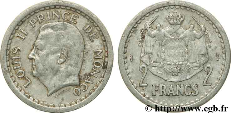 MONACO 2 Francs Louis II / armes (1943) Paris TB+ 