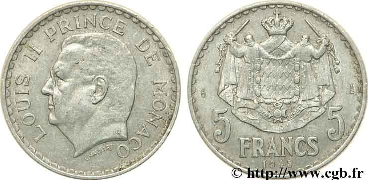 MONACO 5 Francs Louis II / armoiries 1945 Paris XF 