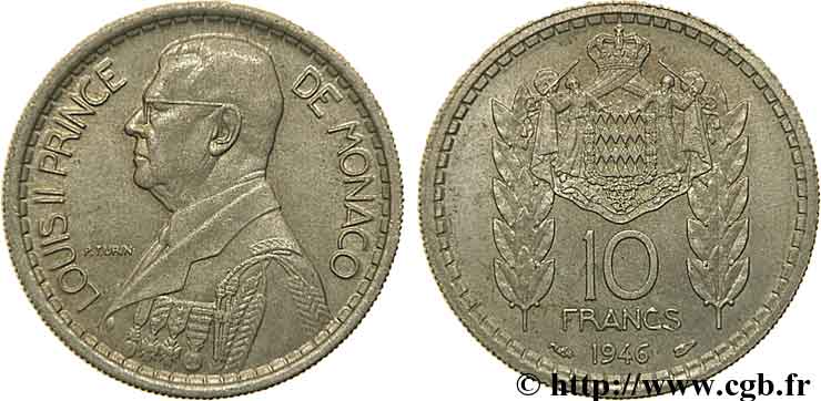 MONACO 10 Francs Louis II / manteau d’armes couronné 1946 Paris TTB 