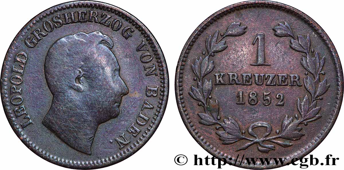 ALLEMAGNE - BADE 1 Kreuzer Léopold 1852 Karlsruhe TB