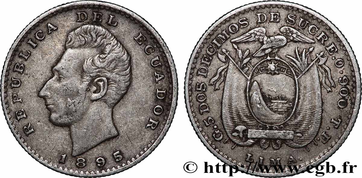 ÉQUATEUR 2 Decimos Antonio Jose de Sucre 1895 Philadelphie TTB