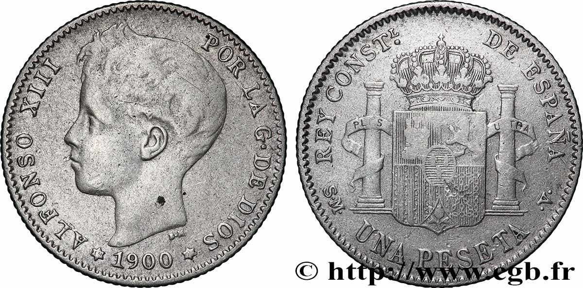 ESPAGNE 1 Peseta Alphonse XIII 3e type 1900 Madrid TB+