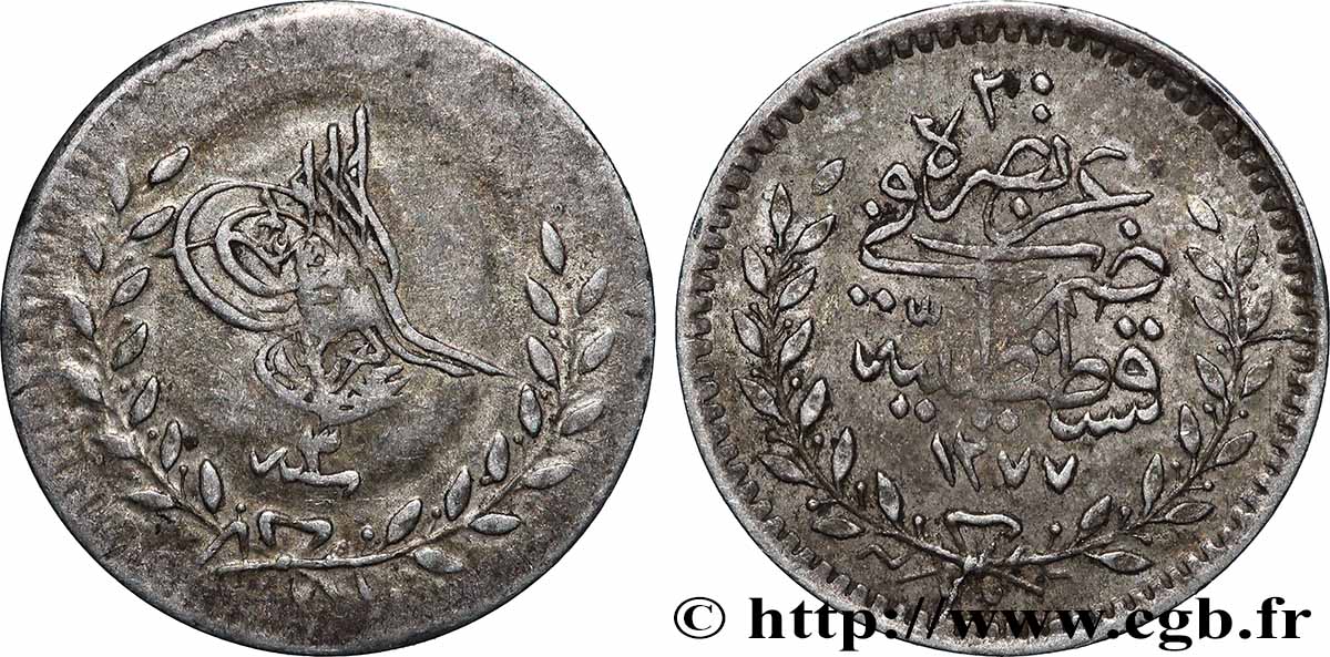 TURKEY 20 Para Abdulaziz AH1277 an 3 (1863) Constantinople VF