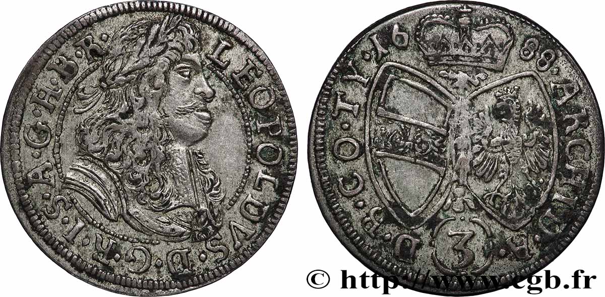AUSTRIA - COUNTY OF TYROL - LEOPOLD I 3 Kreuzer 1687 Hall AU
