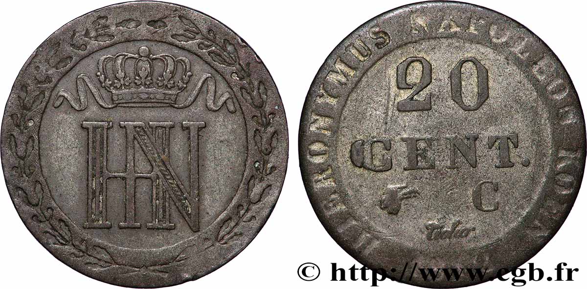 ALLEMAGNE - ROYAUME DE WESTPHALIE 20 Cent. monogramme de Jérôme Napoléon 1812 Cassel - C TTB